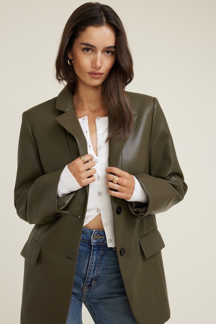 Oversized Faux Leather Blazer Tropical Moss Khaki large