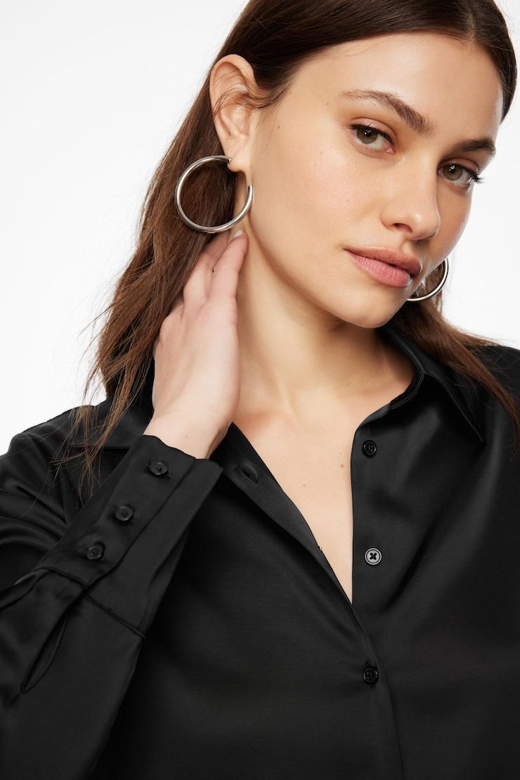 Matisse Slim Satin Button Up Shirt Jet Black large