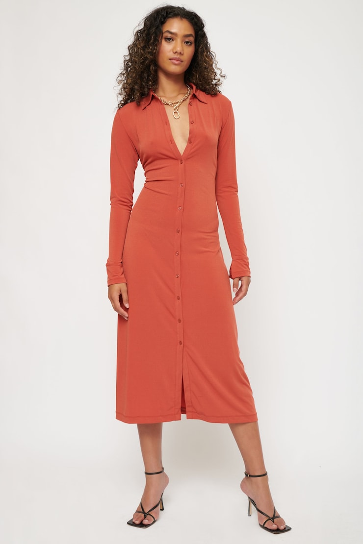 Button Down Maxi Shirt Dress Cinnabar Red large