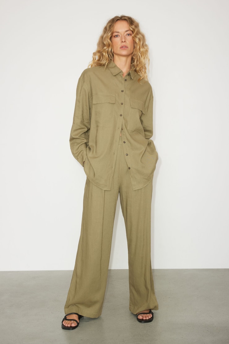 Heidi Wide Leg Linen Pull-On Pants Covert Green large