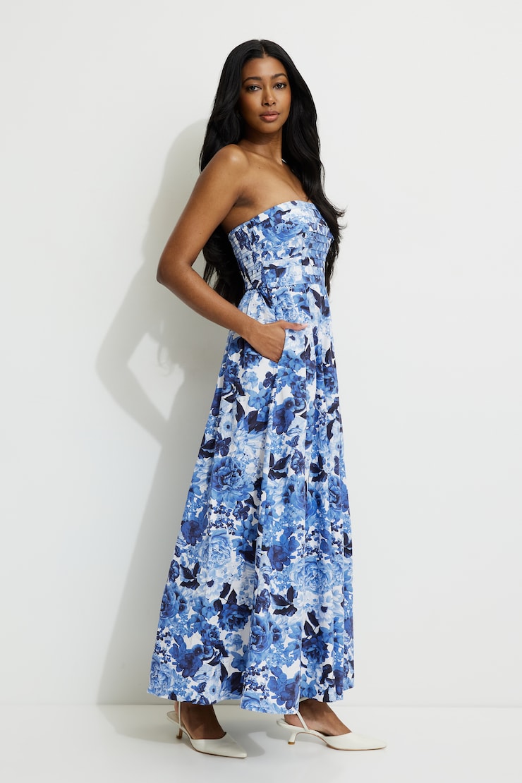Pintuck Poplin Maxi Tube Dress Navy Blue Floral large