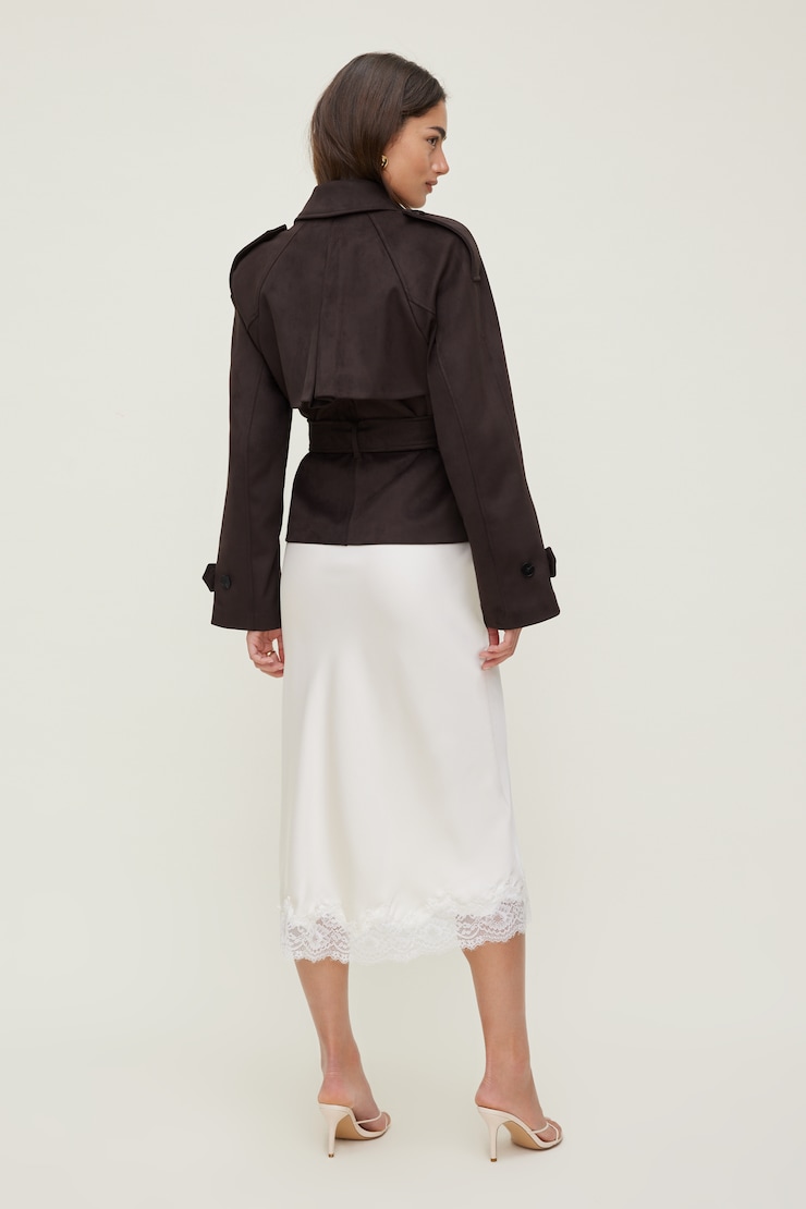 Jupe midi en satin et dentelle Crème sel de mer large