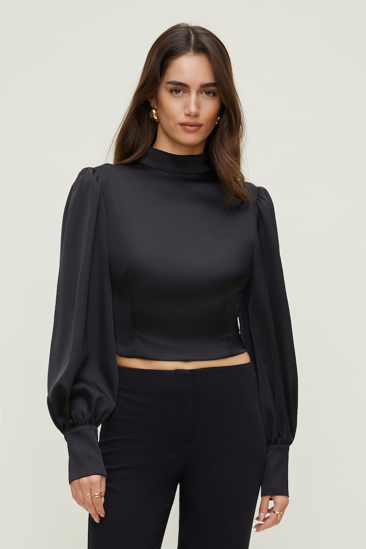 SQUARE COLLAR BACK SATIN BLOUSE 【 S 】 Open Back Satin Blouse Black | Dynamite