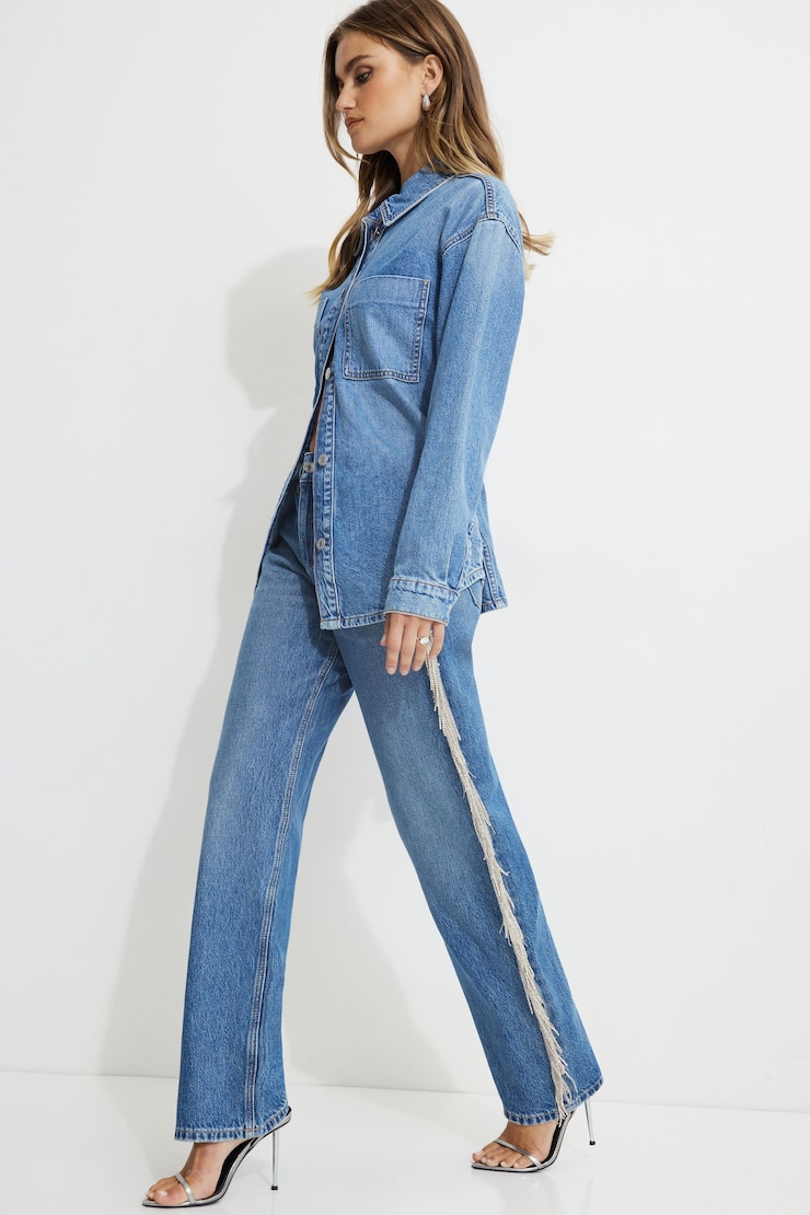 Mika Rhinestone Fringe Relaxed Straight Jeans Blue | Dynamite