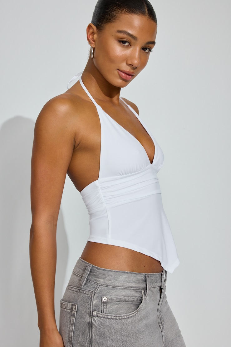 Plunge Halter Hankerchief Top, Bright White, large