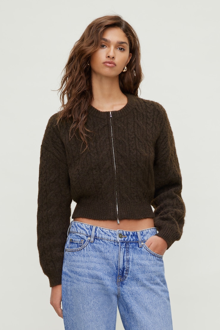 Cable Knit Zip Up Sweater Brown | Dynamite