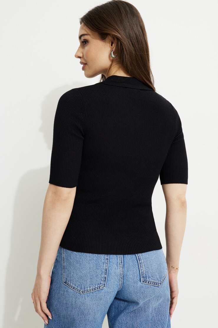Ribbed Quarter Sleeve Polo Sweater Jet Black large