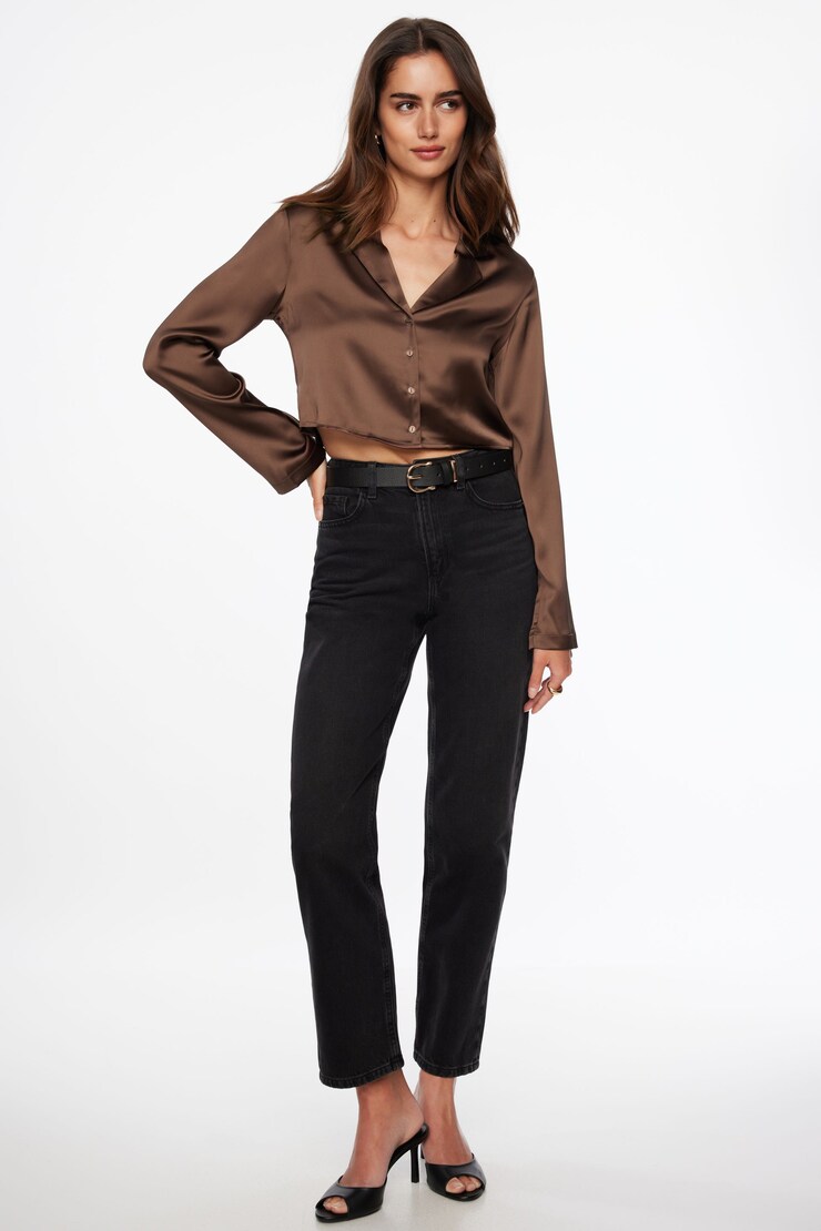 Notch Lapel Satin Shirt  French Roast Brown large