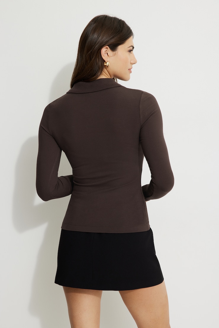 Ribbed Long Sleeve Polo Top Java large
