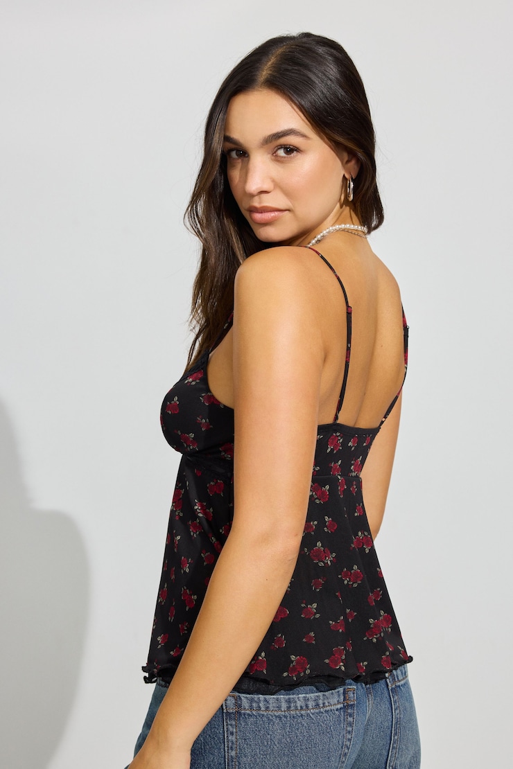 Lace Trim Flyaway Cami Top, Black/Rose Print, large