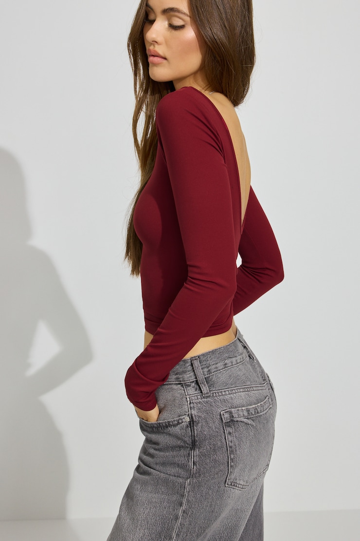 Sleek Boat Neck Long Sleeve Top, Cabernet Red, large