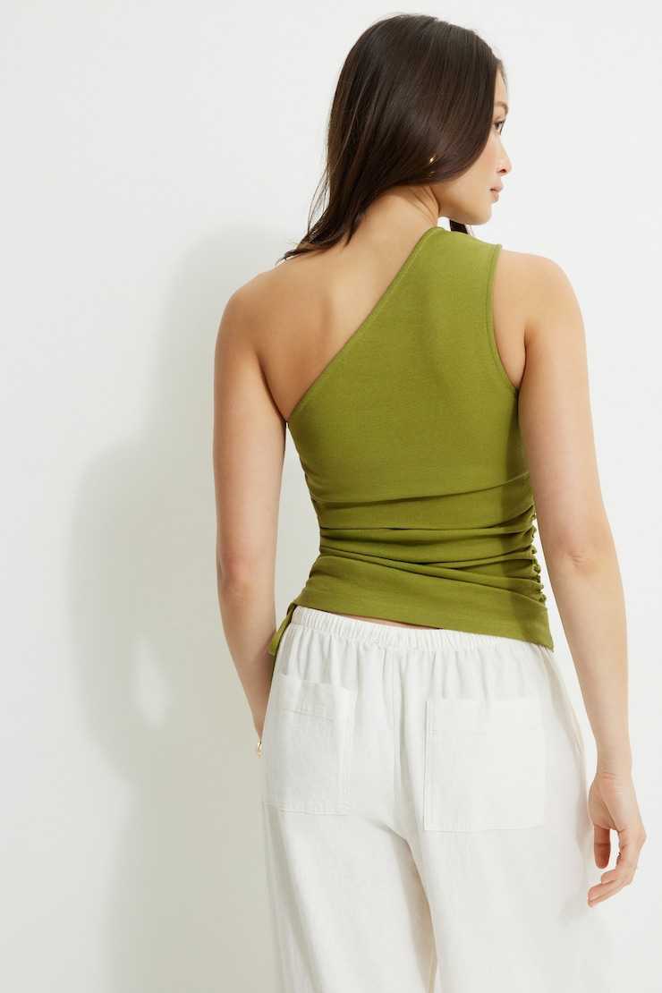 Beaded Drawstring Single Shoulder Jersey Top Guacamole Green large