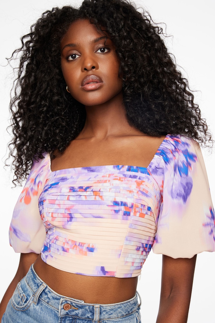 Bubble Sleeve Pleated Top  Violet Floral  large