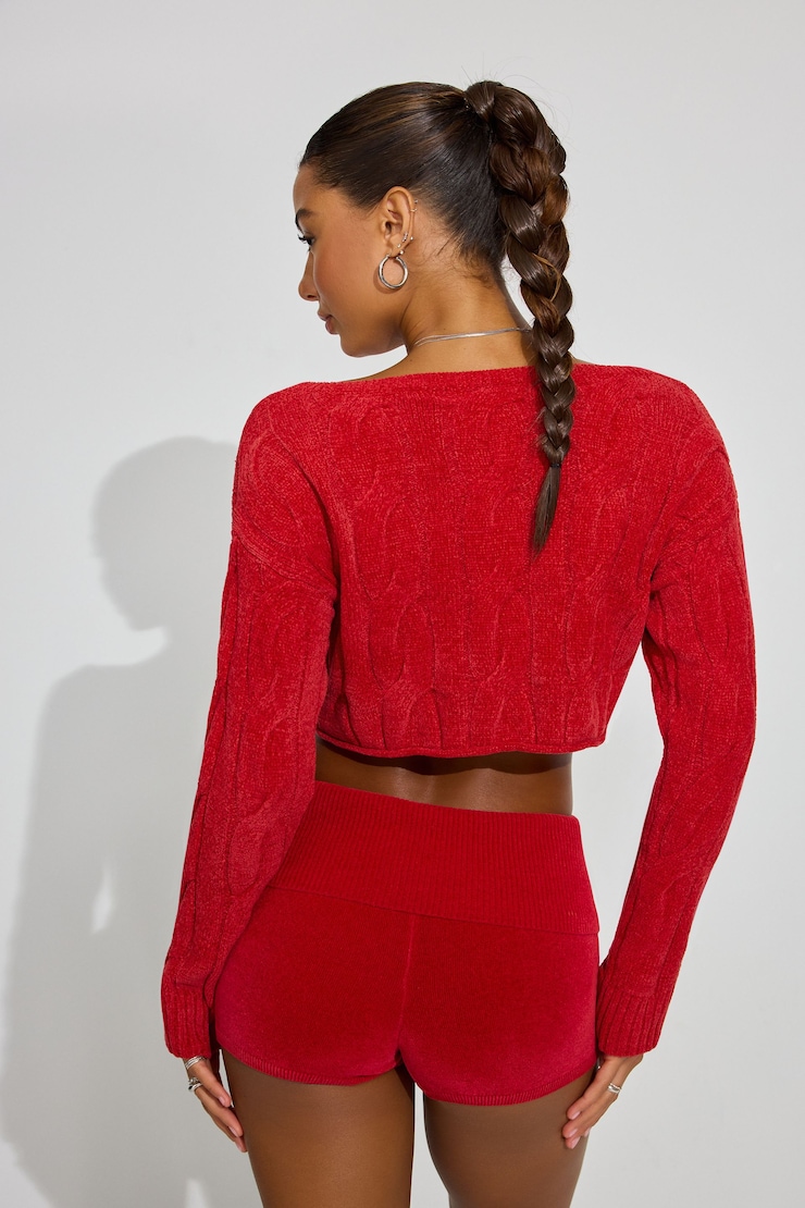 Cropped Cable Crewneck Sweater, Chili Pepper Red, large