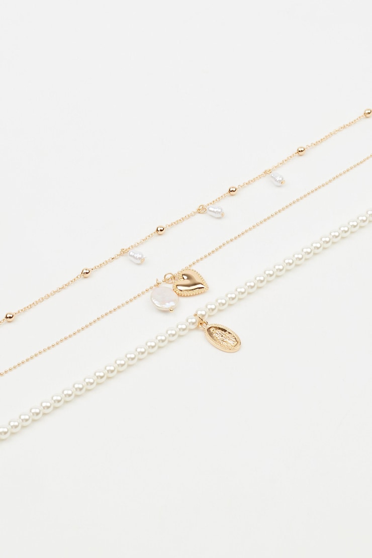 Set of 3 Pearl & Charm Necklace, Off-White/Gold, large