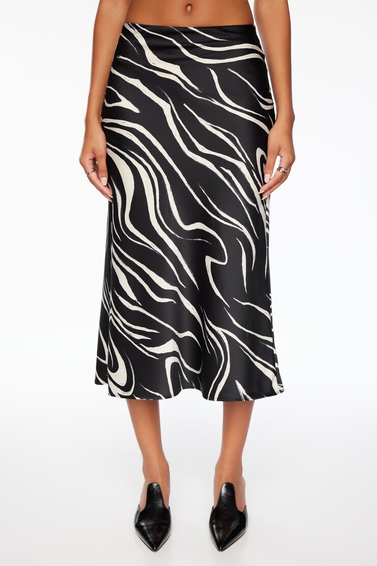 Melody Satin Slip Midi Skirt Black & Cream Wave large