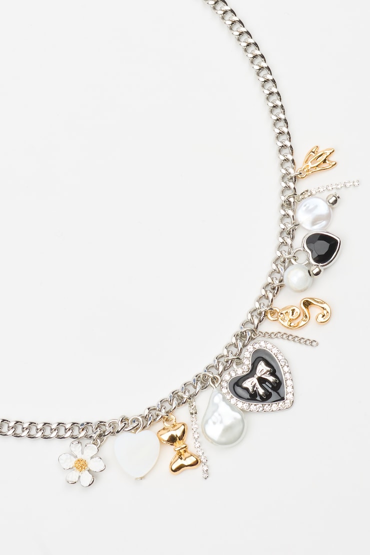Vintage Hearts & Pearls Charm Necklace, Black/White/Silver, large