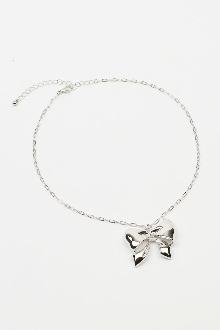 Oversized Metal Bow Necklace, Silver, large