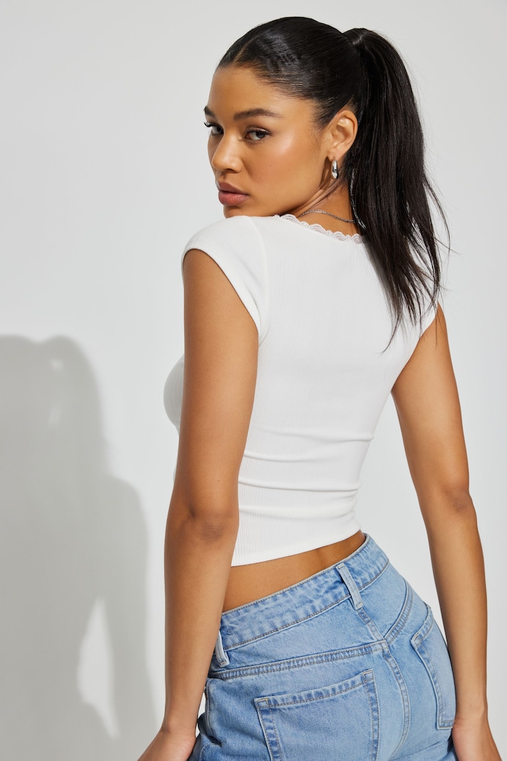 Myla Scoop Neck Lace Trim Rib Tee White | Garage