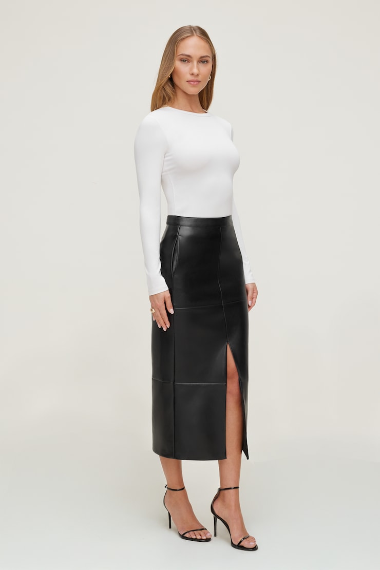 Structured Faux Leather Midi Skirt Jet Black large