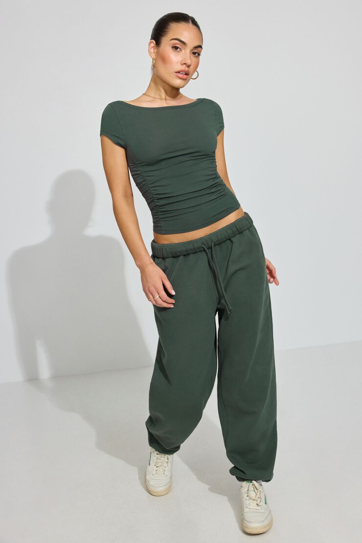 Ruched Boatneck T Shirt, Urban Chic Green, large
