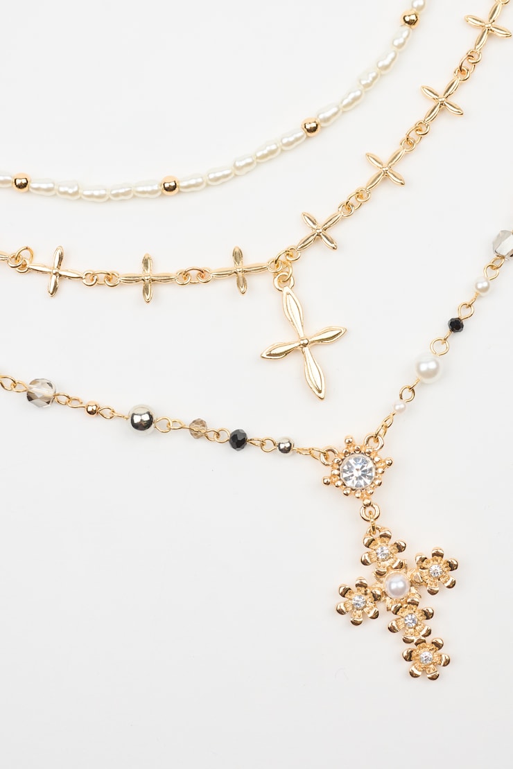 Set of 3 Rosary, Cross, and Pearl Necklaces, Silver/Gold/Off-White, large