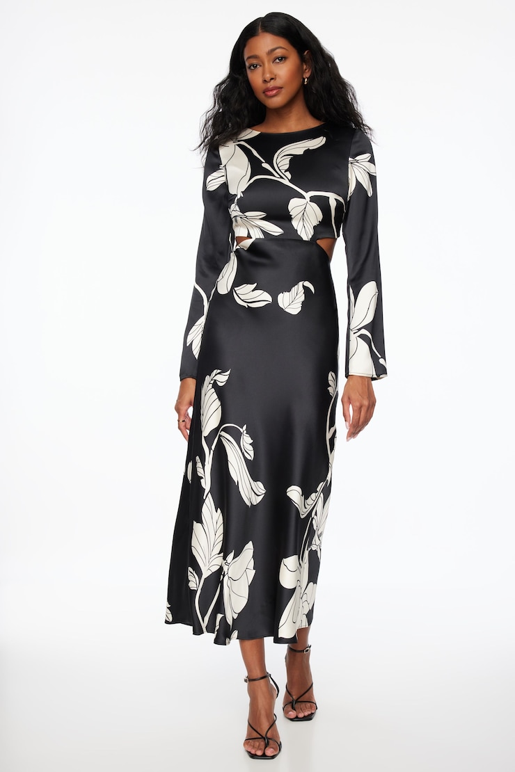 Cutout Slip Satin Maxi Dress Black & White Floral large