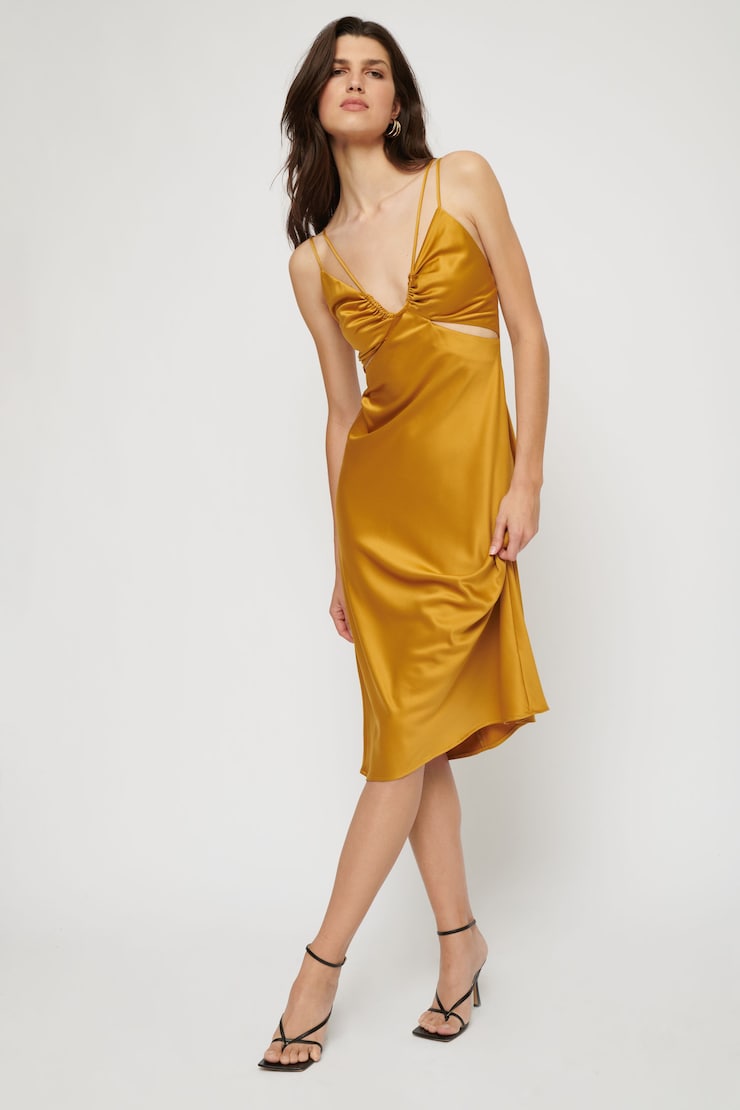 Strappy Satin Midi Dress Mustard Yellow large