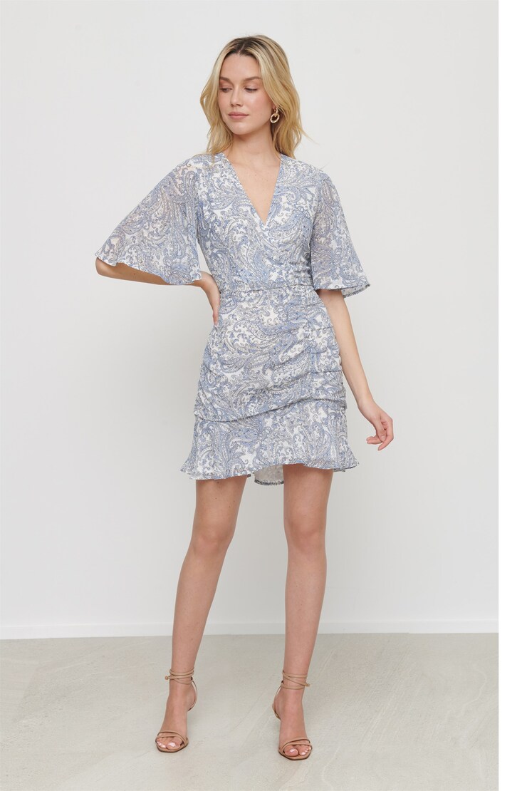Short Sleeve Ruched Dress Blue Paisley on White large