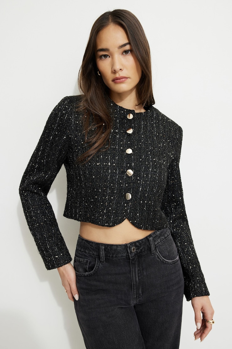 Margaux Metallic Tweed Cropped Blazer Metallic Black Tweed large
