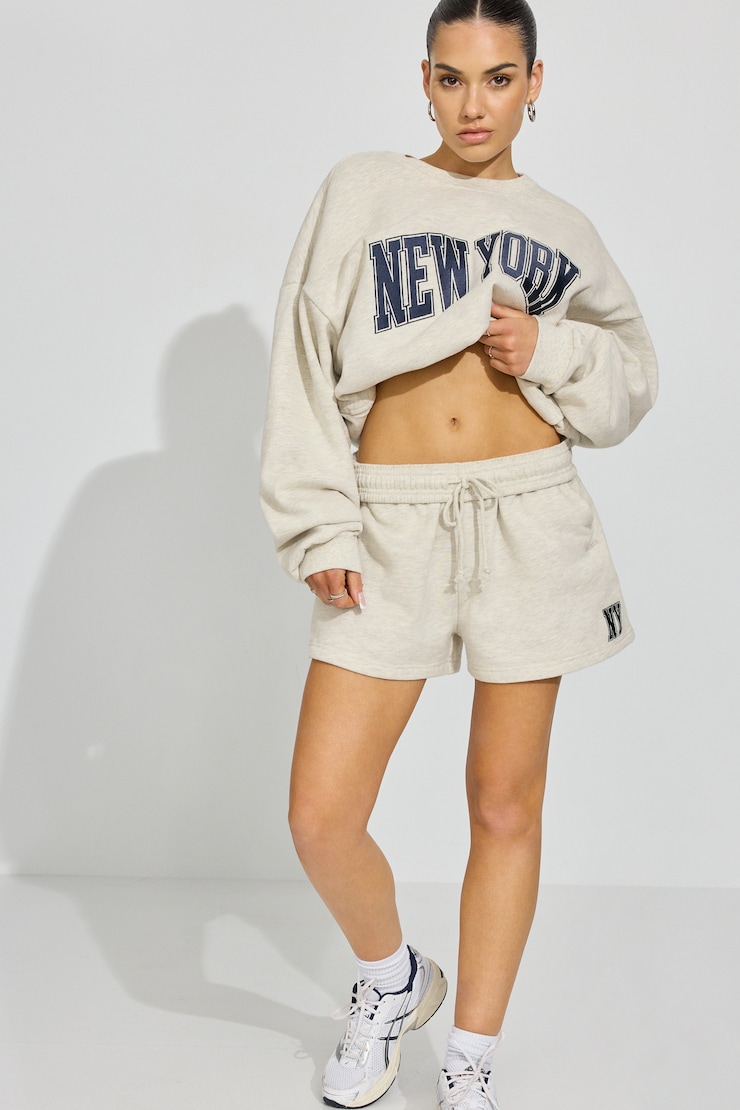 UltraFleece Slouchy Shorts, Pearl Melange with "New York" Art, large