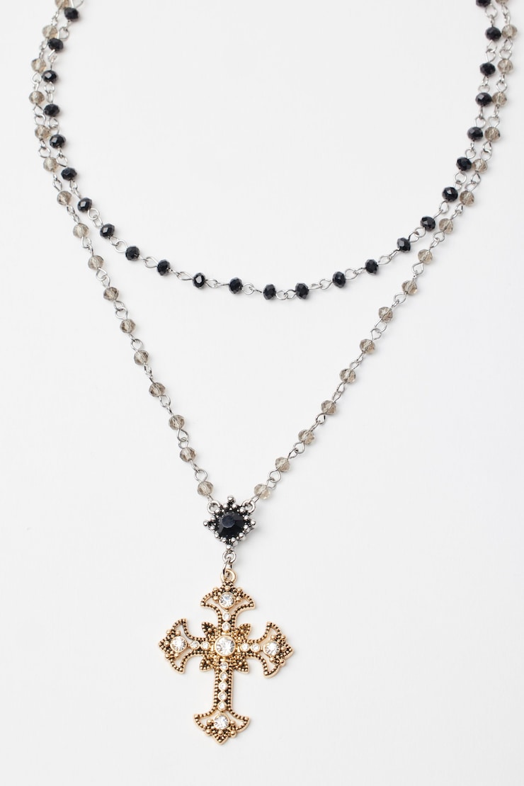 Beaded Cross Rosary Necklace, Black/Gold, large