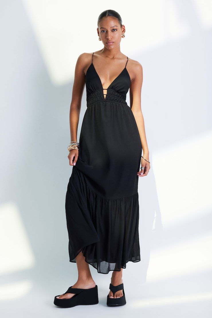 Deep V-Neck Tiered Maxi Dress
