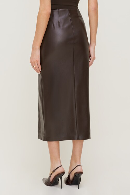 slim fit dress slacks Brown Faux Leather Midi Dress