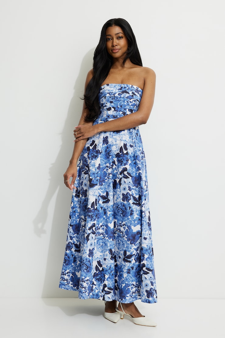 Pintuck Poplin Maxi Tube Dress Navy Blue Floral large