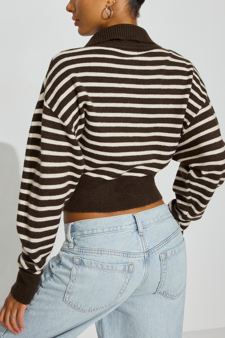 Long Sleeve Spongy Henley Sweater, Armadillo Brown/Rainy Day Stripes, large