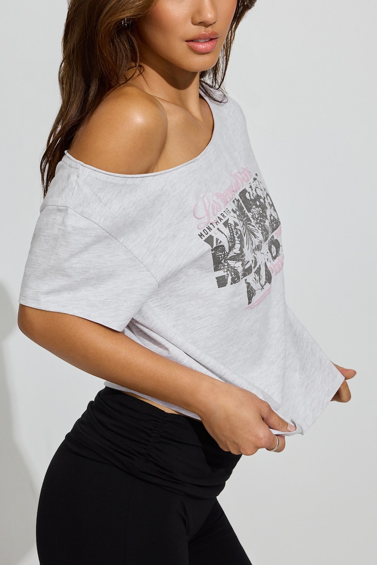 Off Shoulder T Shirt, Spring Grey Mix with "Fleurs De Paris" Art, large