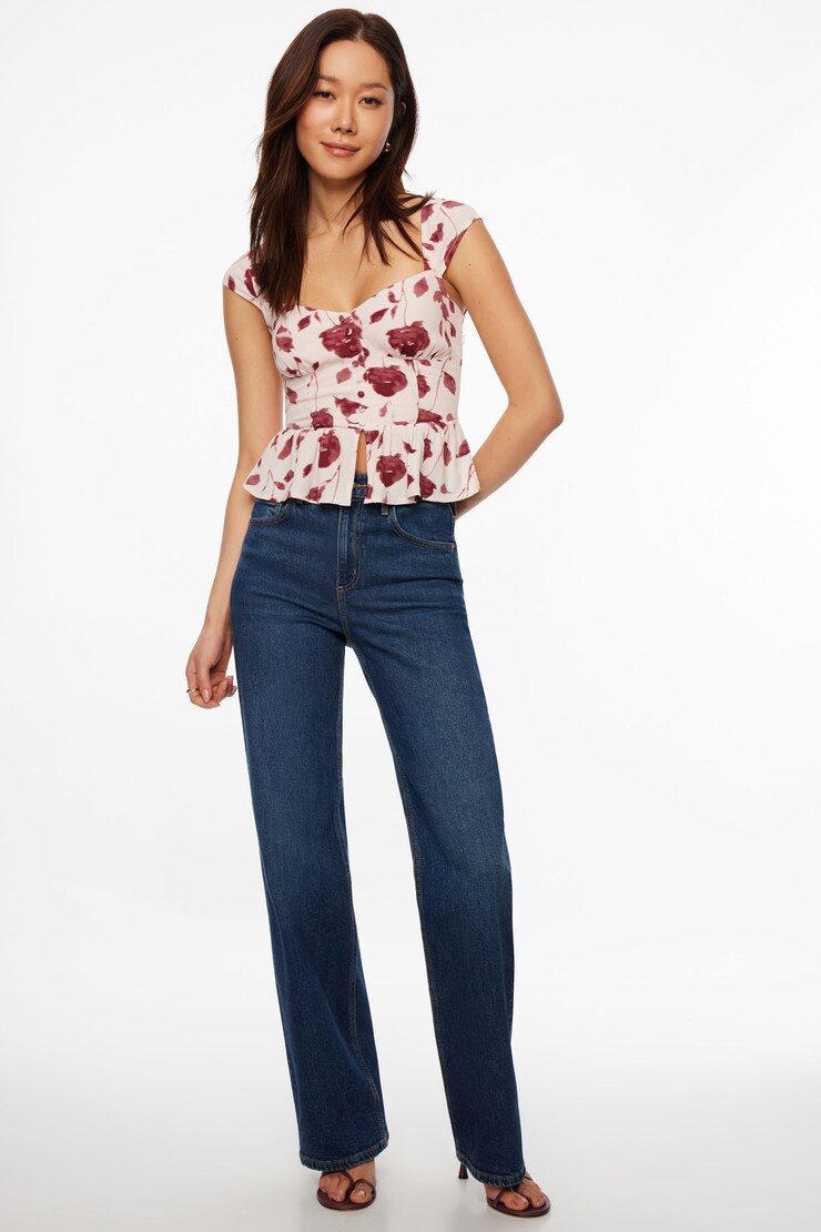 Button-Up Peplum Blouse Red Wine Floral large