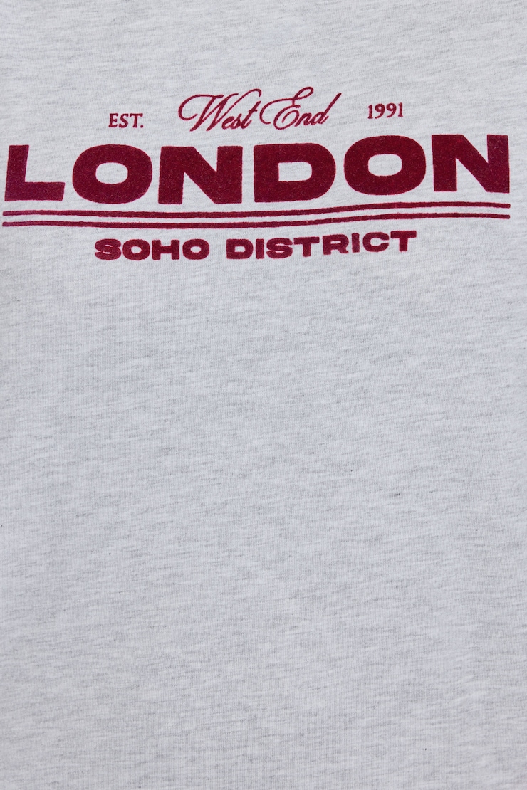 Off Shoulder T Shirt, Spring Grey Mix with "London" Art, large