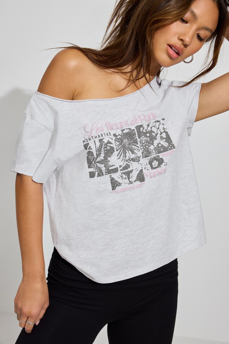 Off Shoulder T Shirt, Spring Grey Mix with "Fleurs De Paris" Art, large