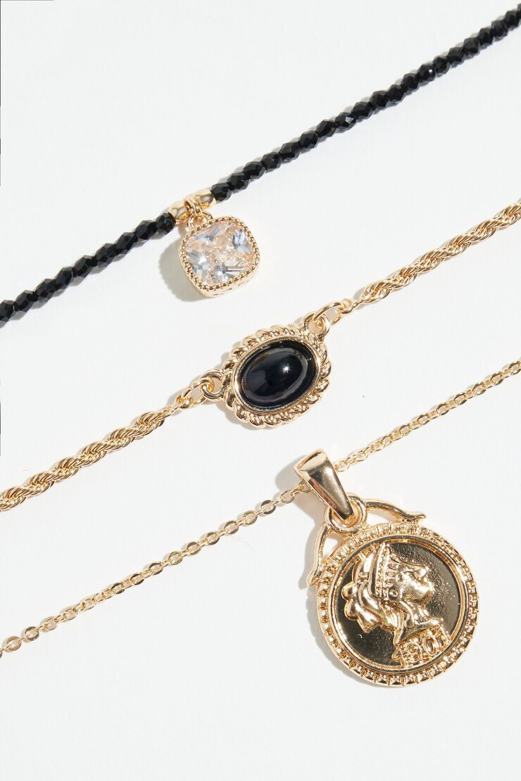 3-Pack Medallion & Glass Bead Necklaces Clear/Gold/Black large