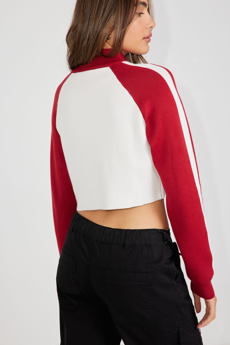 Jacquard Mockneck Zip Sweater, Dahlia Red with "London" Art, large