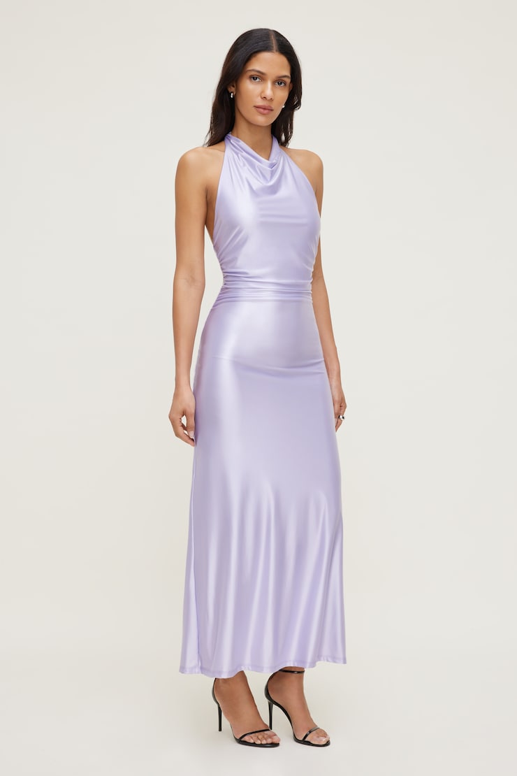 Stretch Satin Halter Maxi Dress Purple Heather large