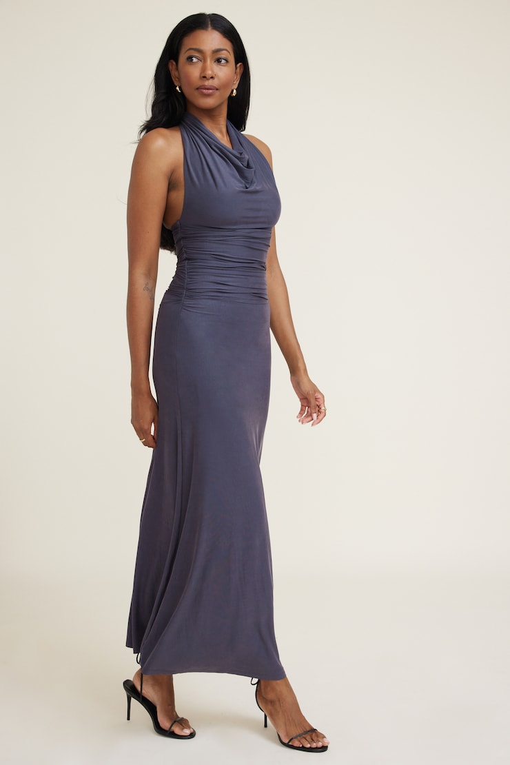 Robe maxi en modal à col châle Gris encre de Chine large