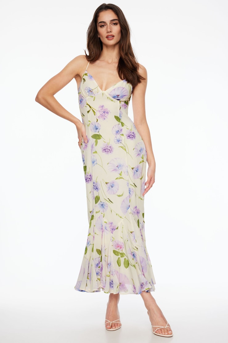 V Neck Pleated Maxi Dress Lilac Garden large