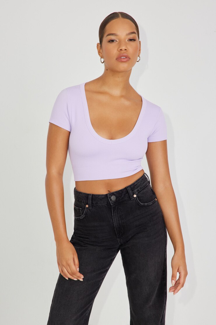 T-shirt sans coutures à col plongeant Sonia, Mauve champ de lilas, large
