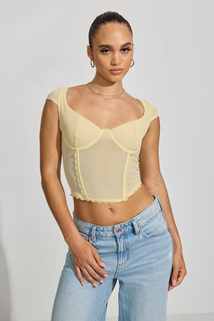 Milan Mesh Tie Back Bustier, Double Cream Yellow, large