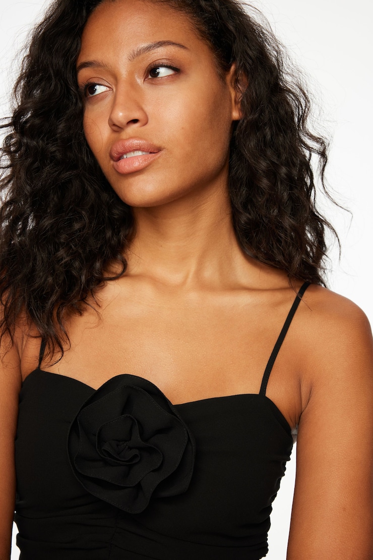 Ruched Mini Dress With Rosette Jet Black large
