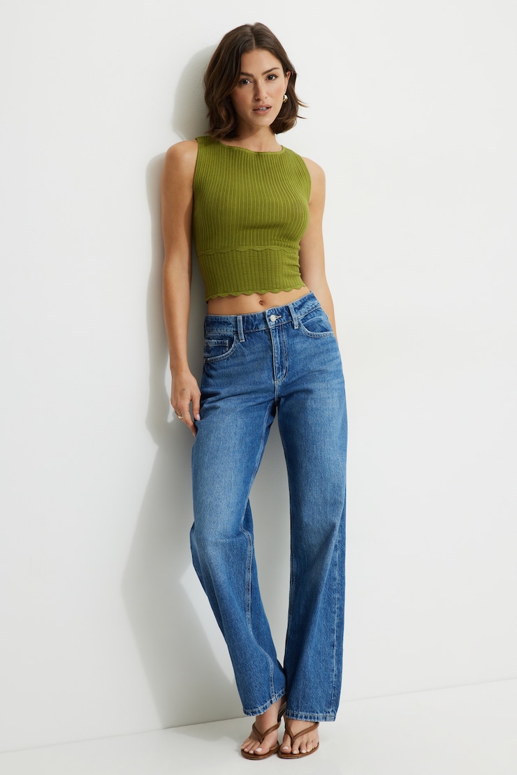 Boat Neck Pointelle Tank Top Green | Dynamite