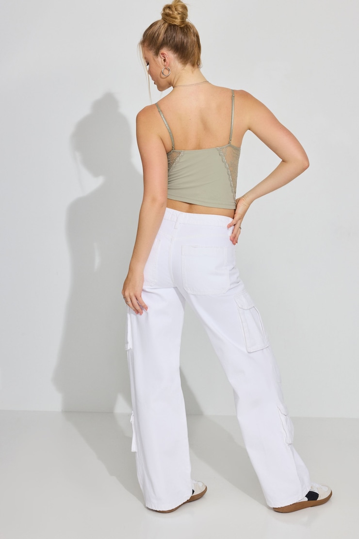 High Waisted Cargo Pants, Powder White, large